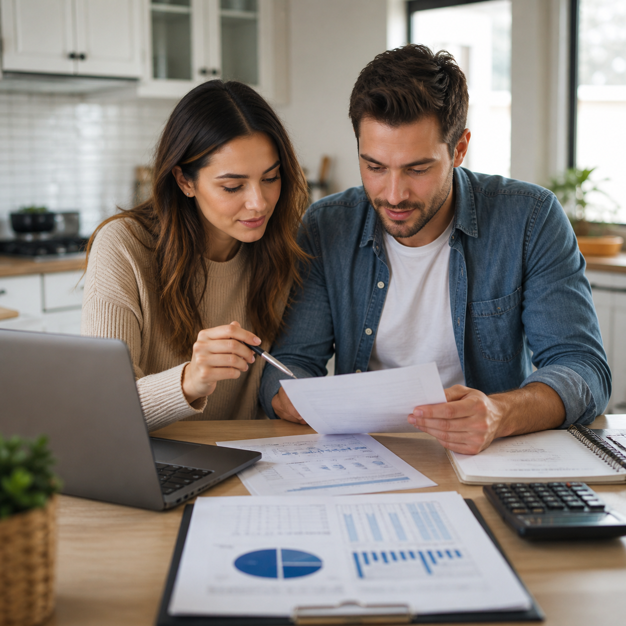 Young couple reviewing mortgage documents at a kitchen table with a laptop and financial paperwork, planning a home purchase