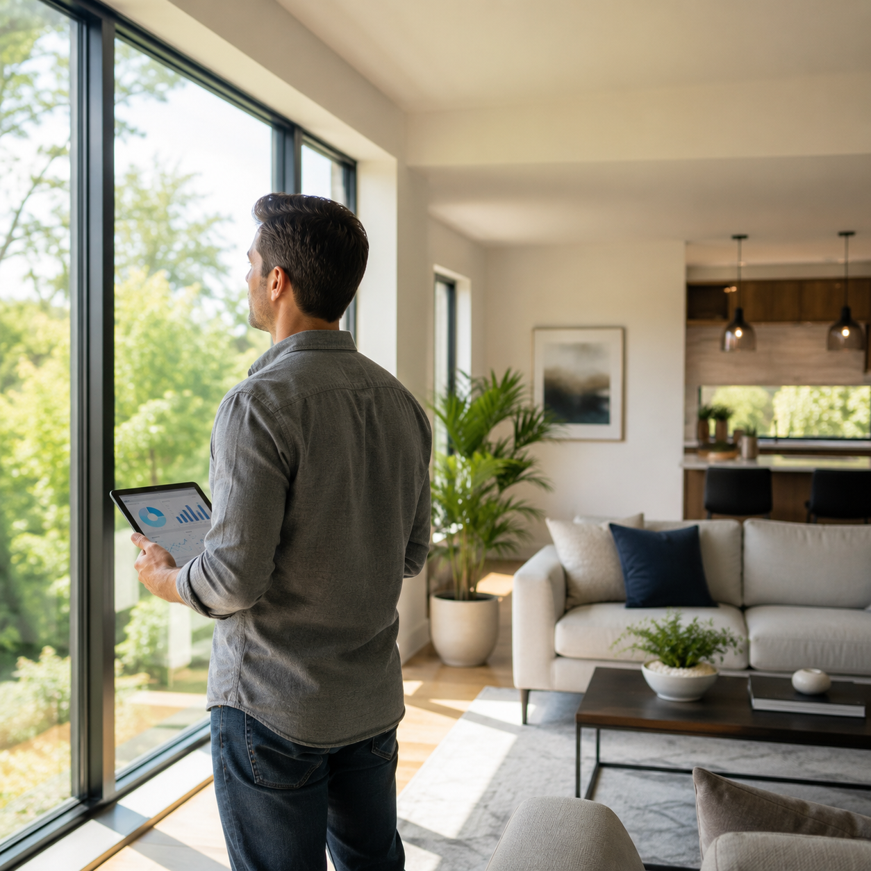 Person standing in a bright home reviewing financial information on a tablet while planning a home purchase