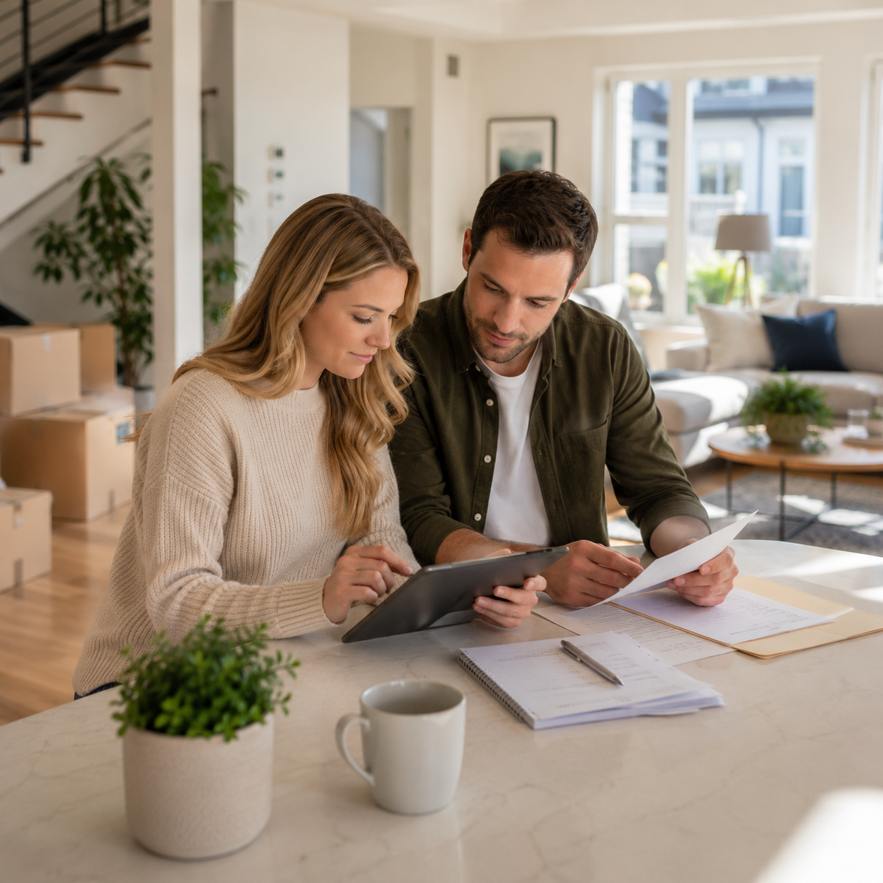 Professional homebuyer standing in a modern Twin Cities townhouse kitchen reviewing mortgage and home search information on a tablet while natural sunlight fills the room.