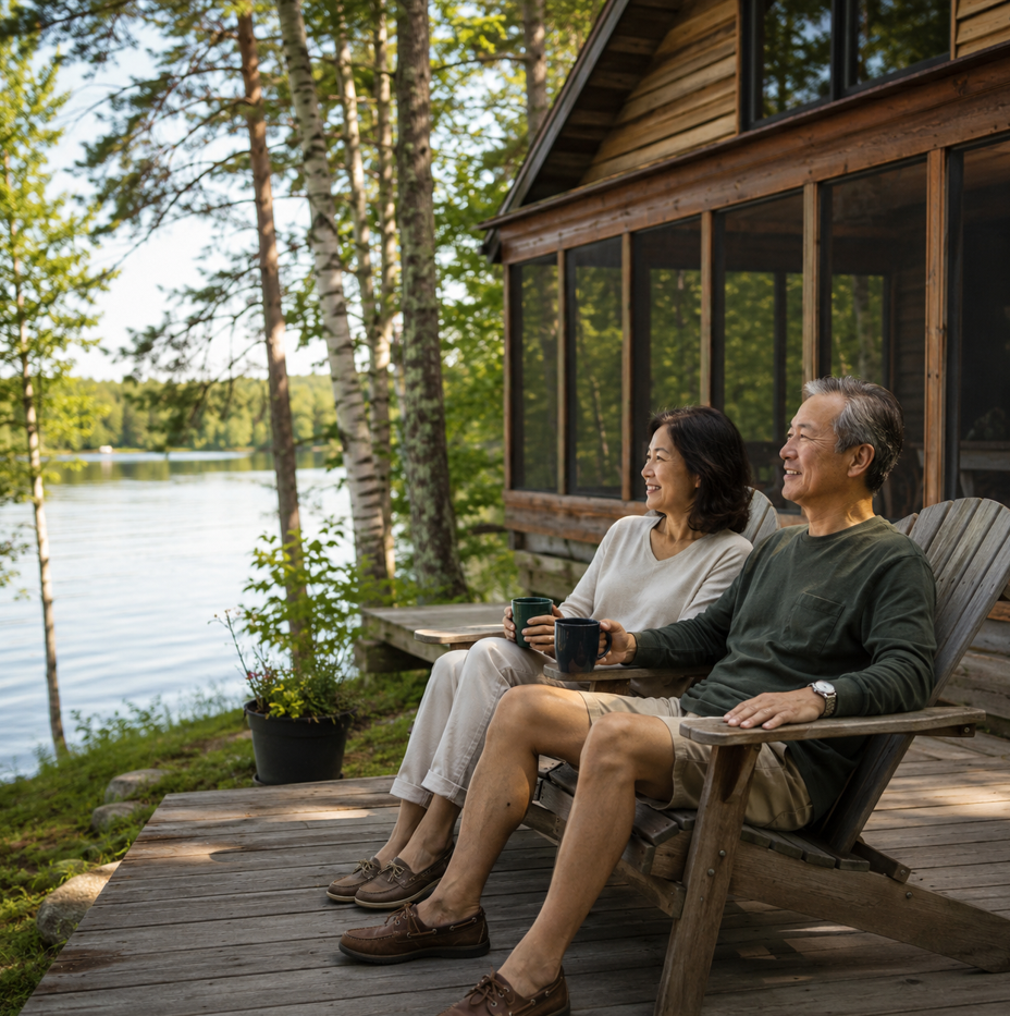 Mature couple relaxing on the deck of a Minnesota lake cabin on a summer afternoon