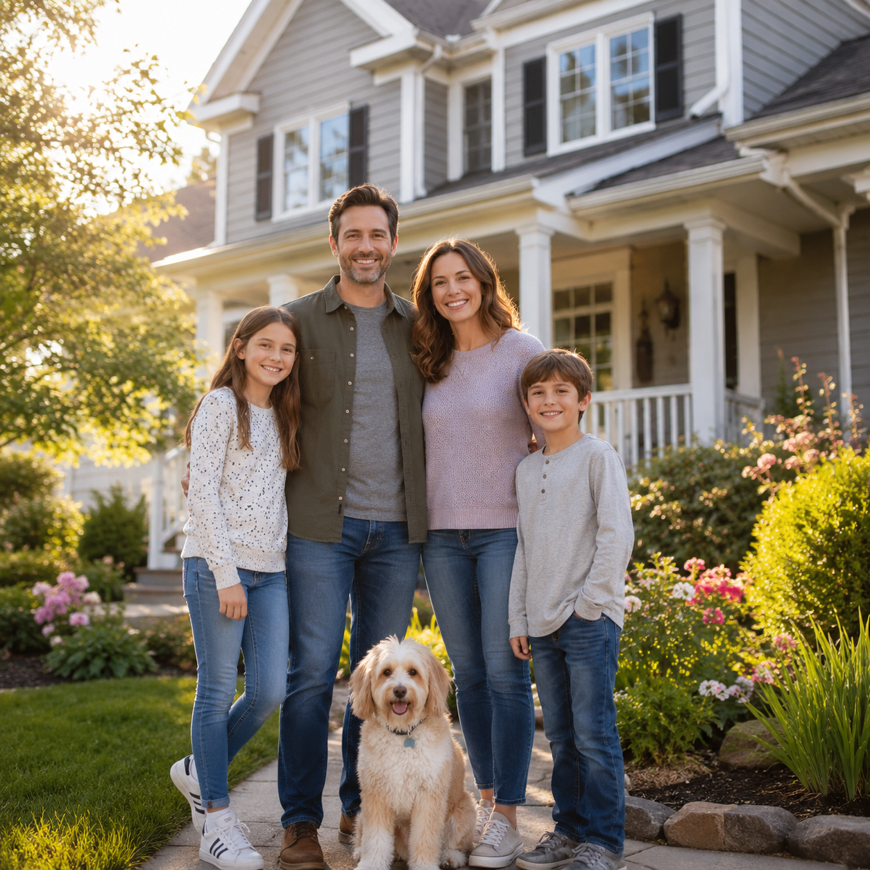 A family standing in front of a sunny two-story suburban home in the Minneapolis and St. Paul metro area