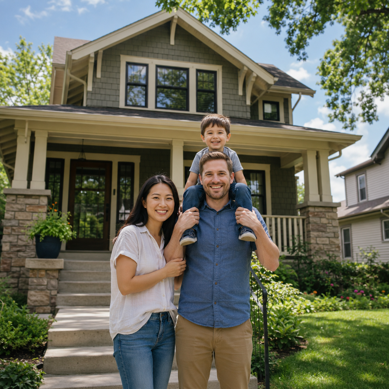 A young Twin Cities family standing on the front steps of their suburban Minnesota home on a sunny summer day