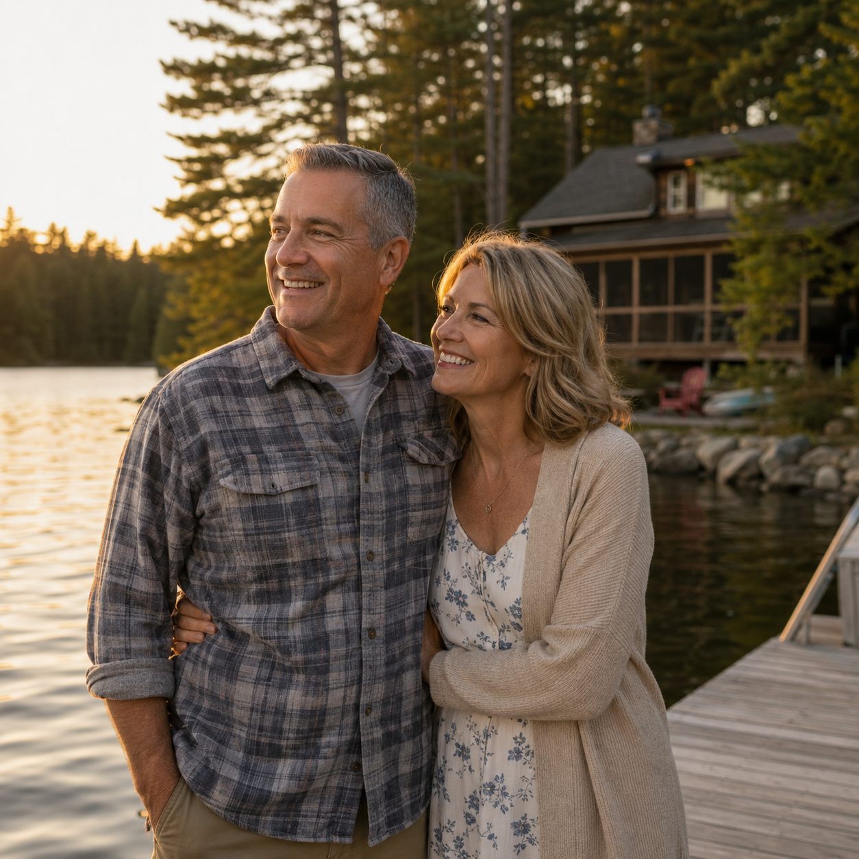 An older couple standing together on the dock of a Minnesota lake cabin at sunset