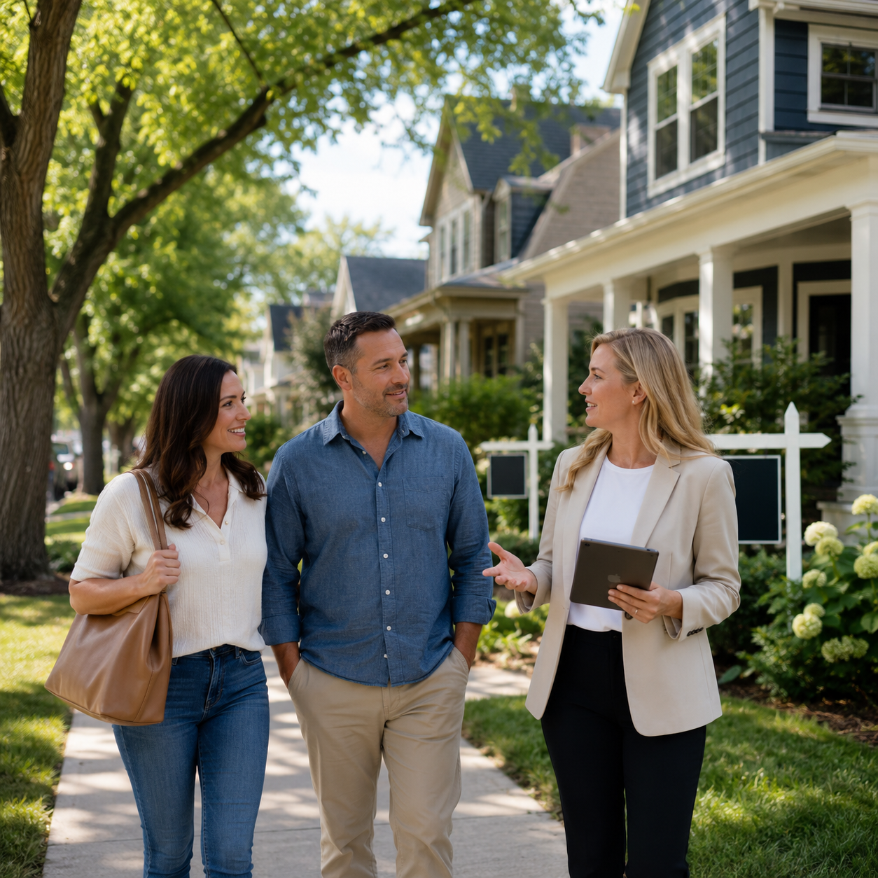 A prospective homebuying couple walking through a Twin Cities neighborhood with homes for sale during summer.