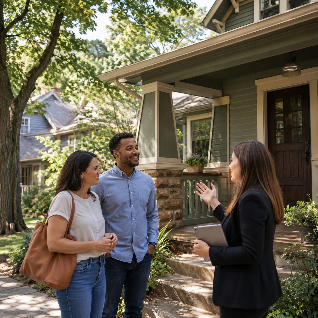 First-time homebuyers touring a Craftsman-style South Metro home with a real estate professional in warm midsummer daylight