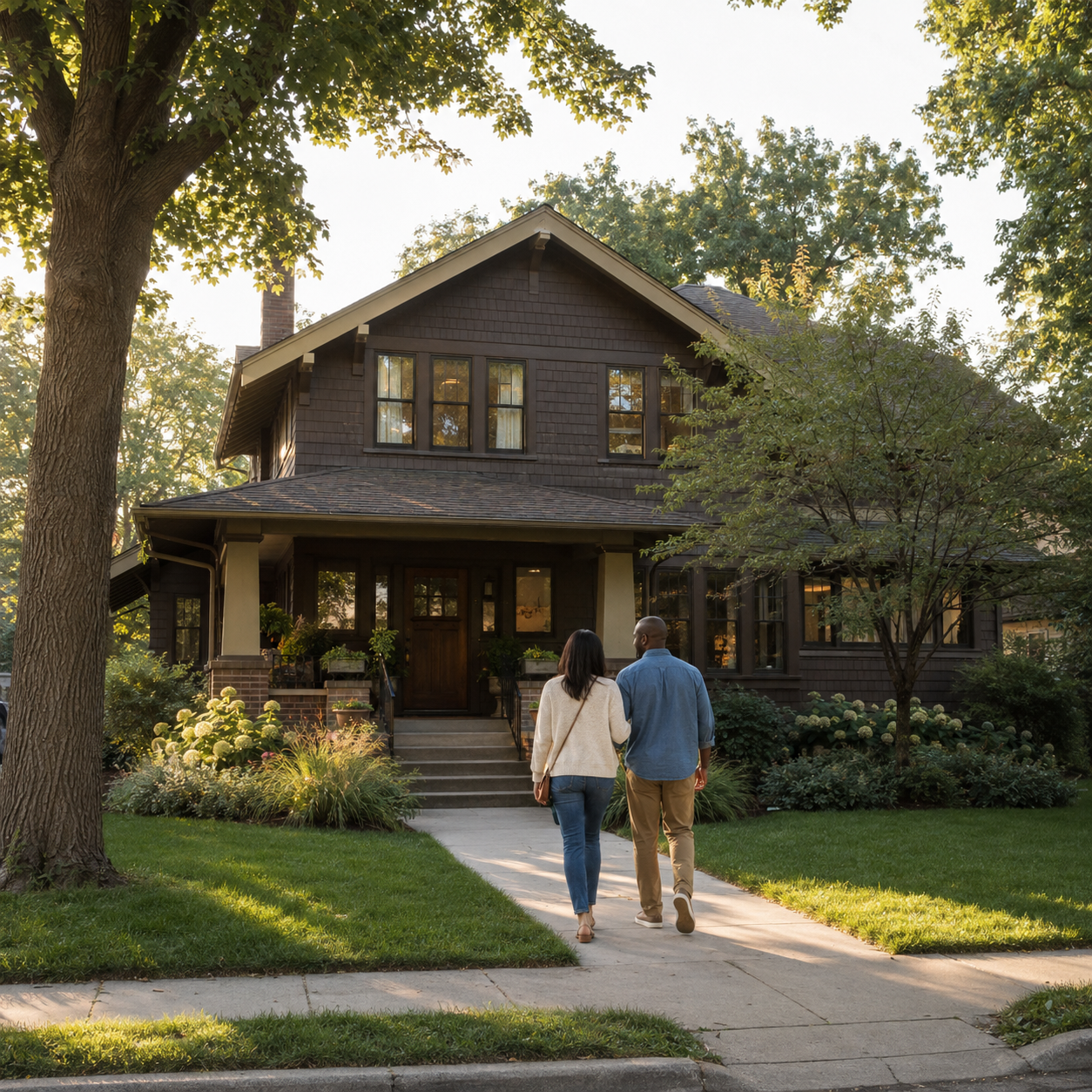 A couple walks toward the porch of a Craftsman two-story home in a tree-lined Twin Cities neighborhood in August