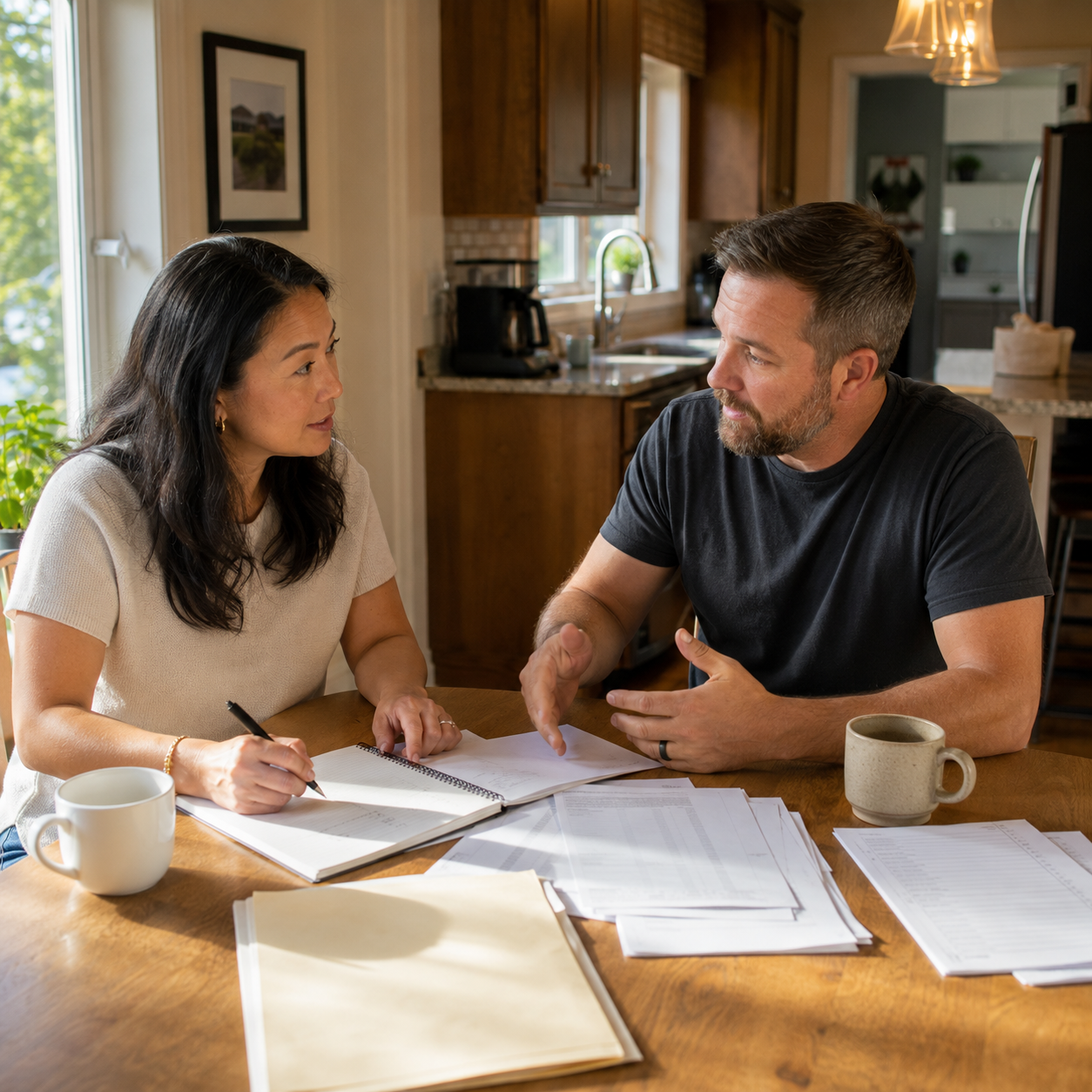 Two adults at a kitchen table in a Minnesota home reviewing papers over coffee on a bright summer morning