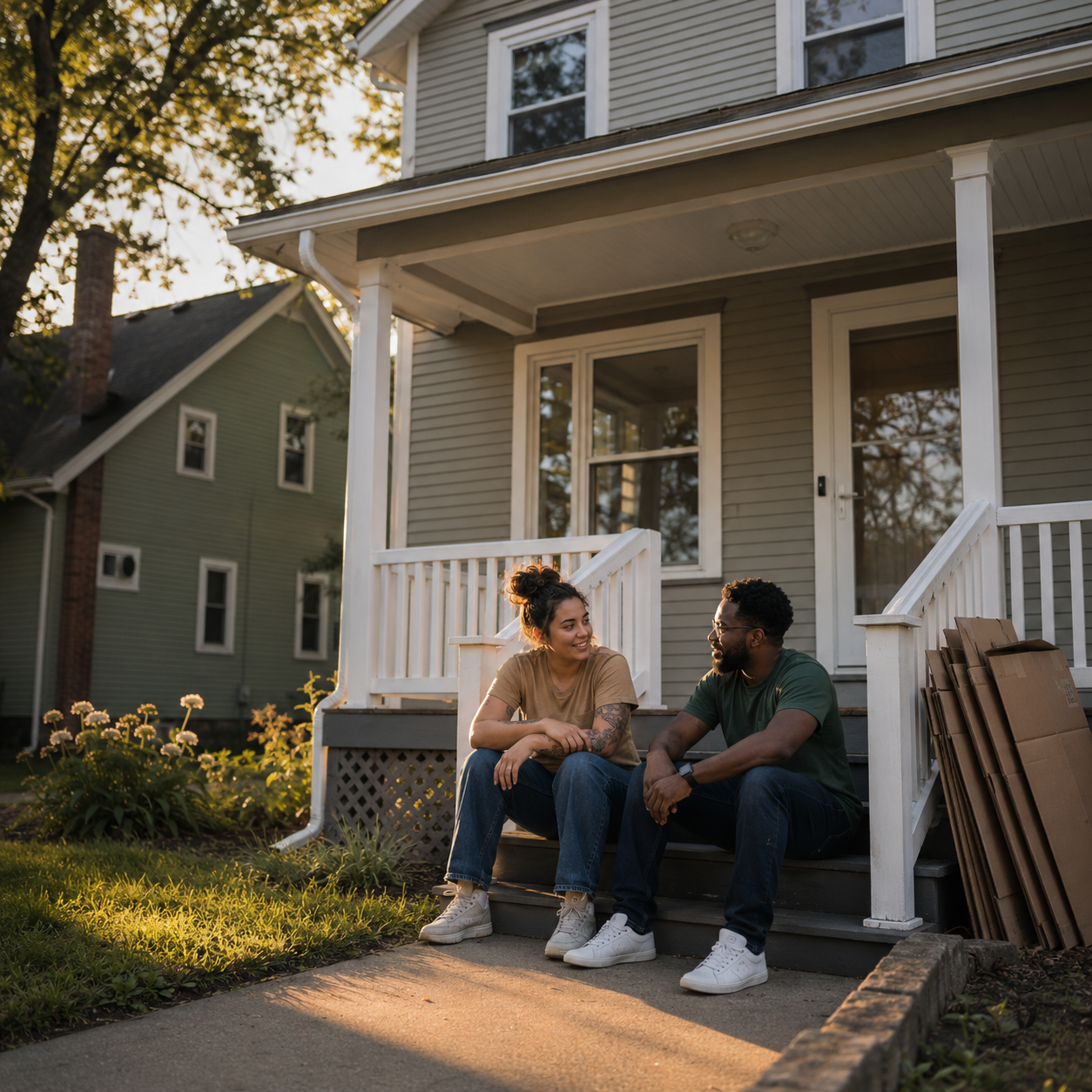 Two adults sitting on the front steps of a Twin Cities home with flattened moving boxes beside them at sunset