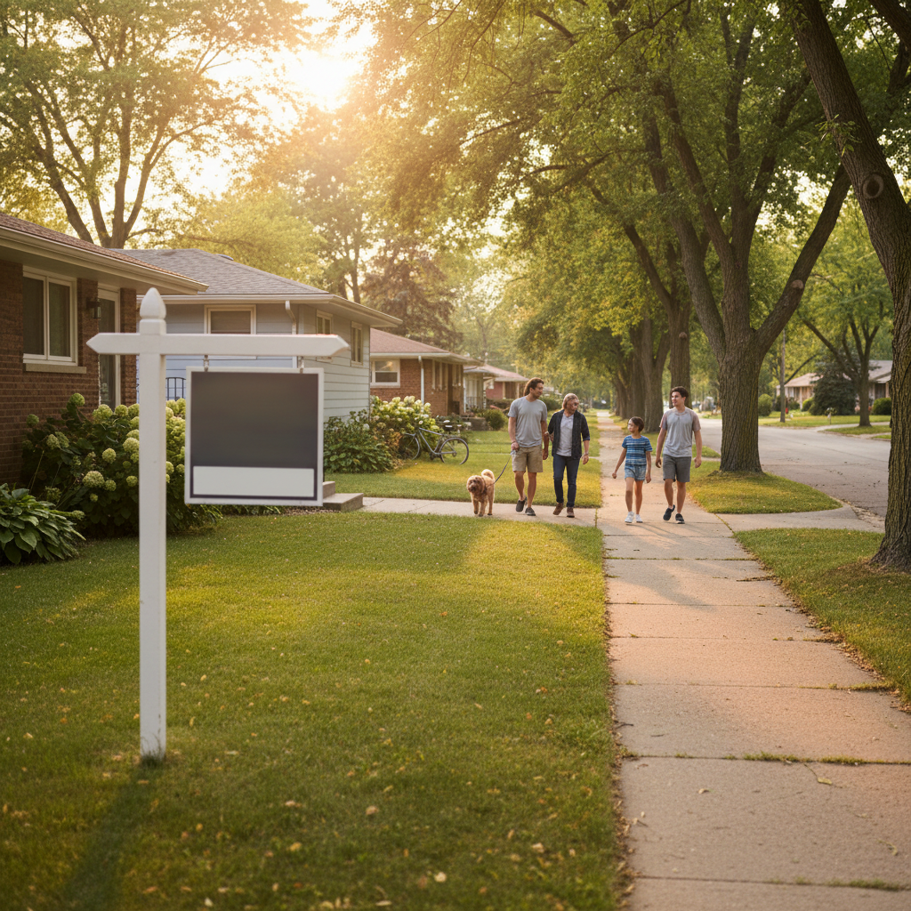 A South Metro residential street at golden hour with a for sale sign in a front yard and a family walking a dog