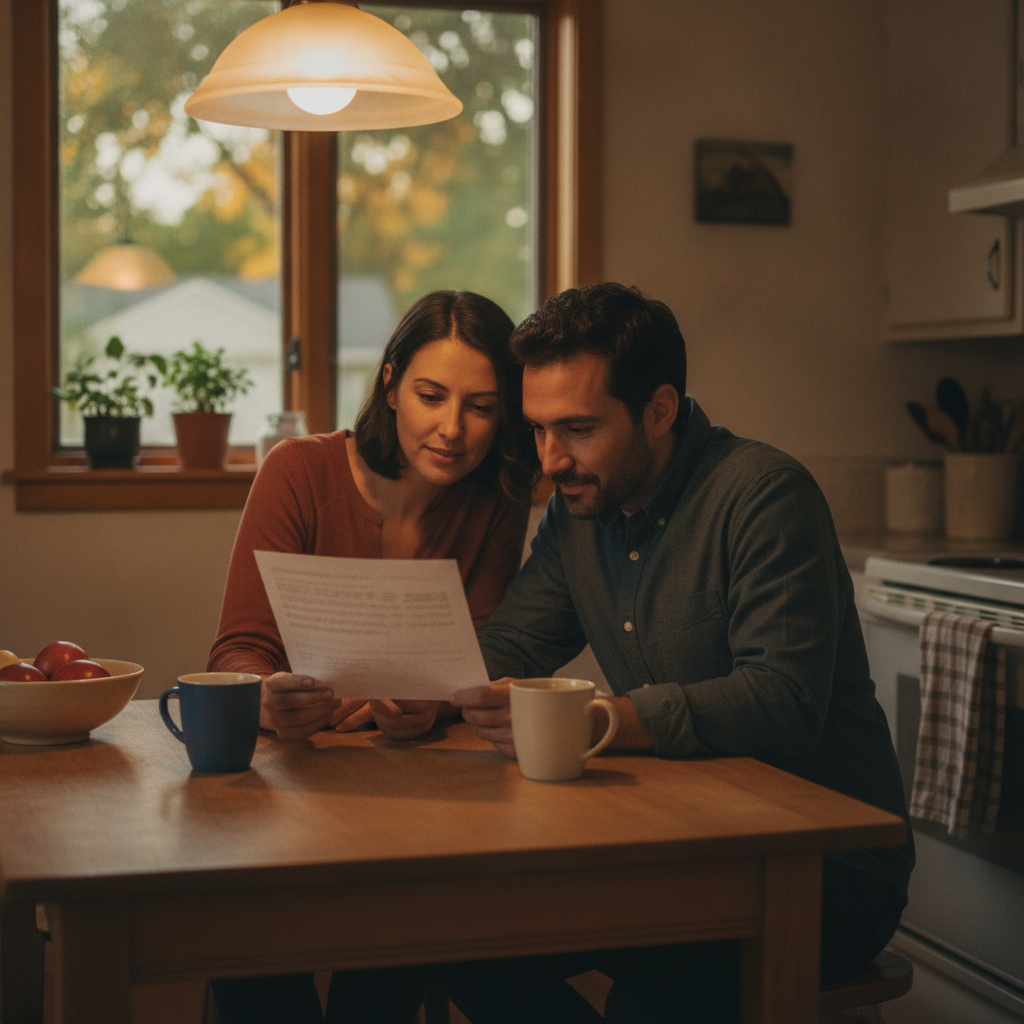 Couple reviewing an escrow analysis statement at a kitchen table with coffee mugs and warm natural light