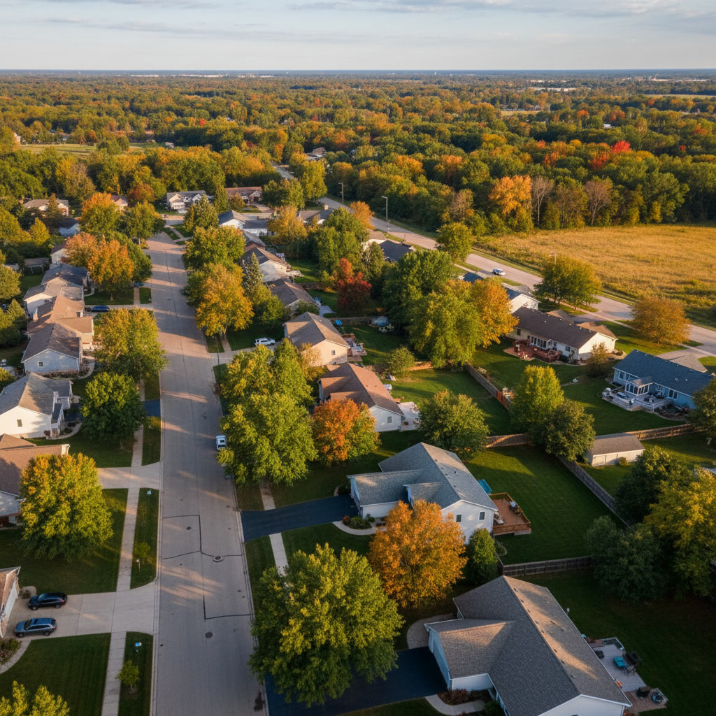 Elevated view of a South Metro Minnesota neighborhood in early fall with rooftops and trees turning gold