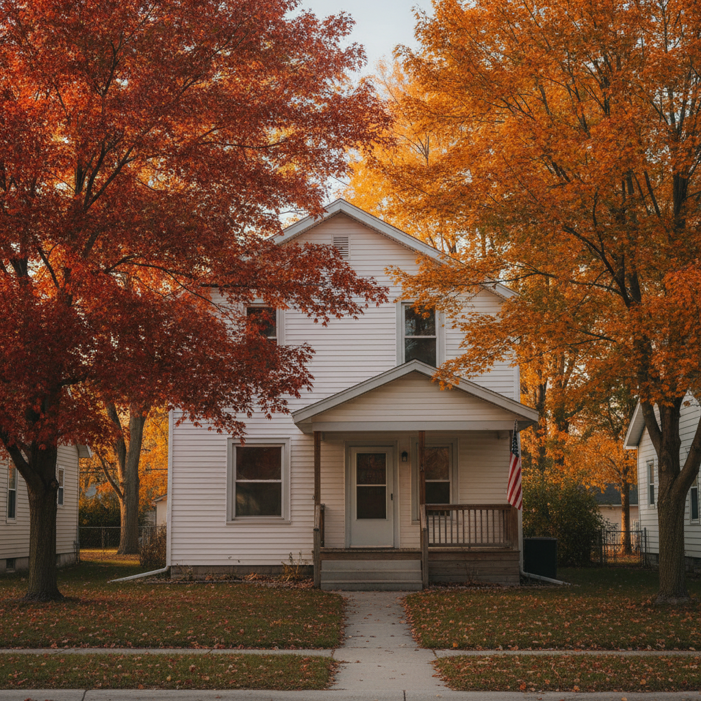 Two-story home in South Metro Minnesota with fall color trees and American flag on porch