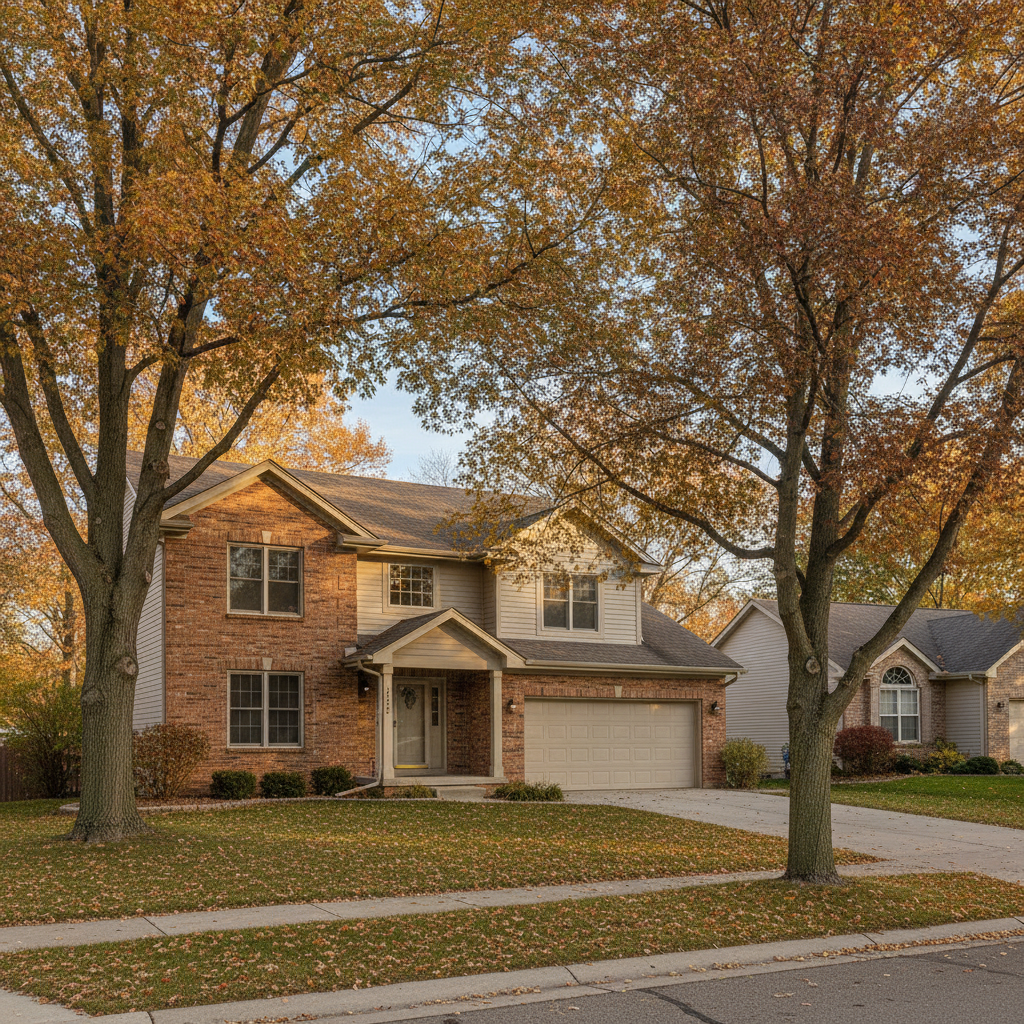 Two-story home on a residential street in South Metro Minnesota surrounded by peak fall color trees