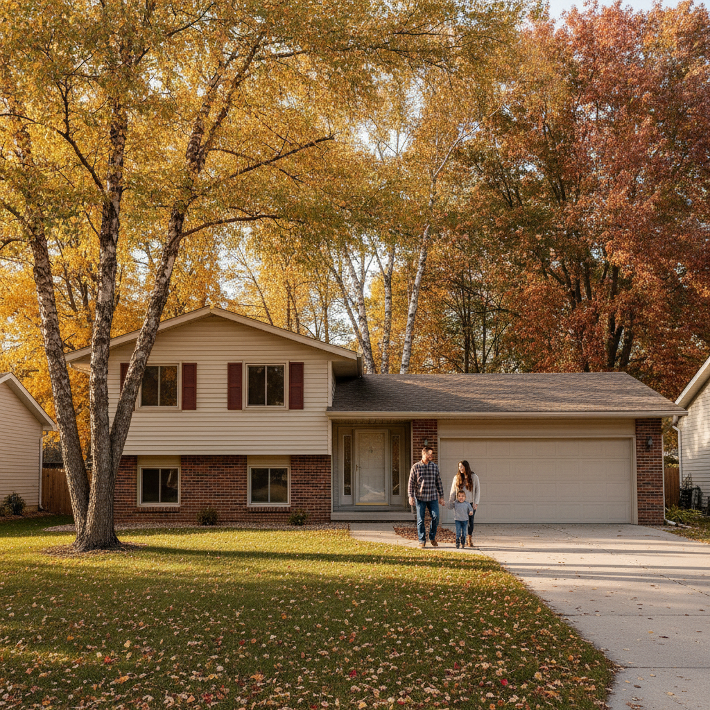 Split-level home with family walking toward front door in peak October color in South Metro Minnesota