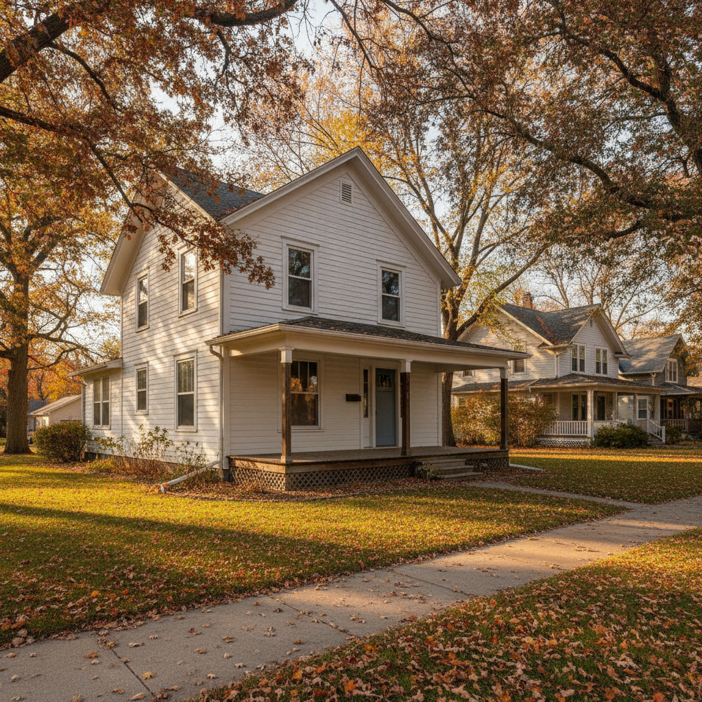 Two-story white home with a covered front porch on a tree-lined South Metro Minnesota street in late October