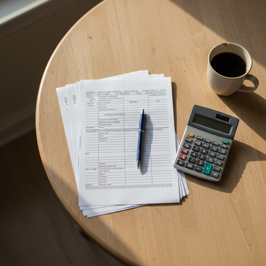 A kitchen table with a printed mortgage statement, a calculator and a mug in morning light