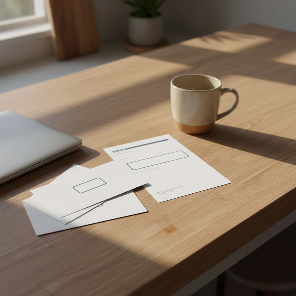 Unopened billing envelopes and a statement on a wooden table beside a closed laptop and a coffee mug in morning light