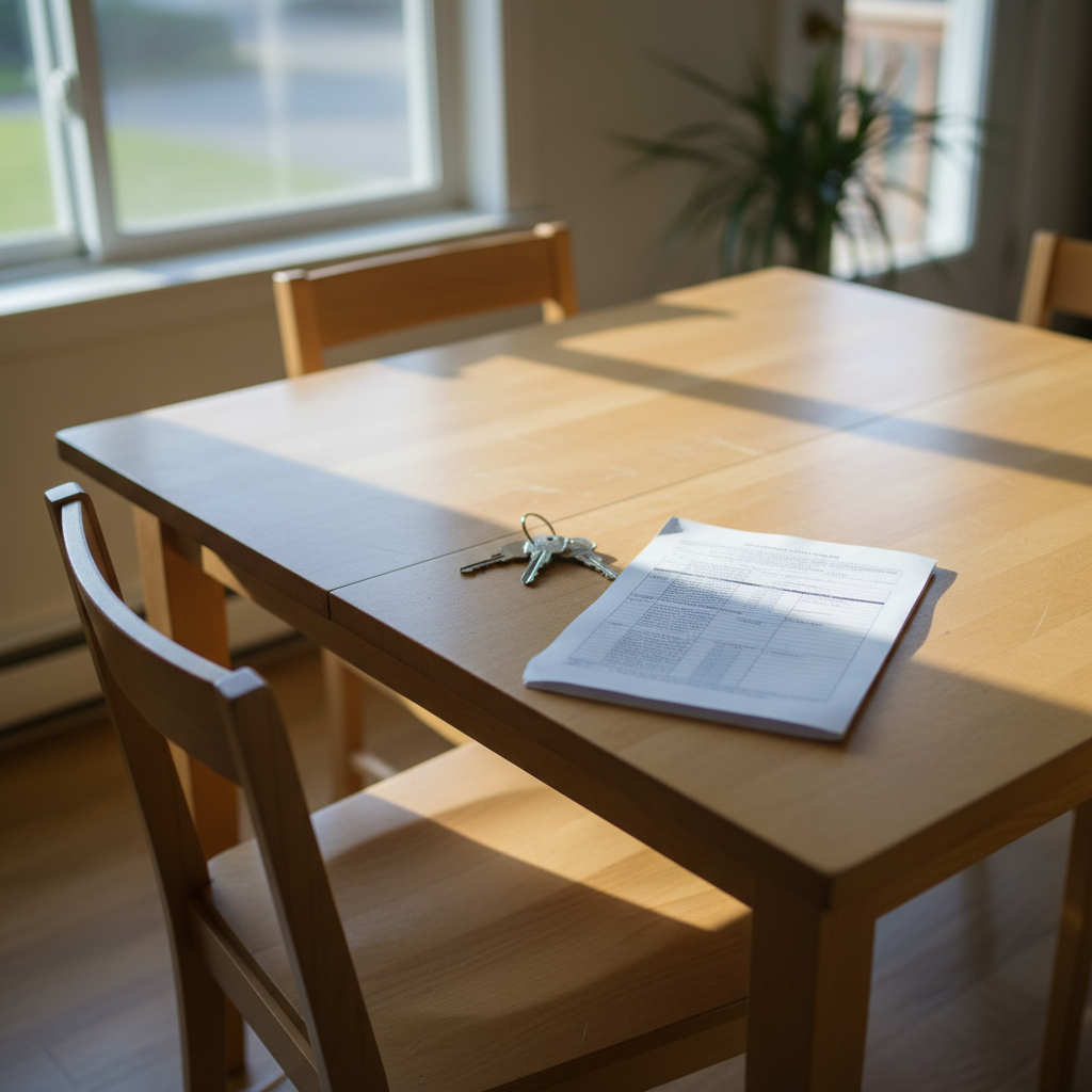 A set of house keys and a folded document on a kitchen table in morning light, with one chair pulled back